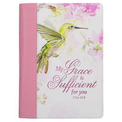 Journal with Zipper: My Grace, 2 Cor. 12:9, Pink Persevere Hummingbird