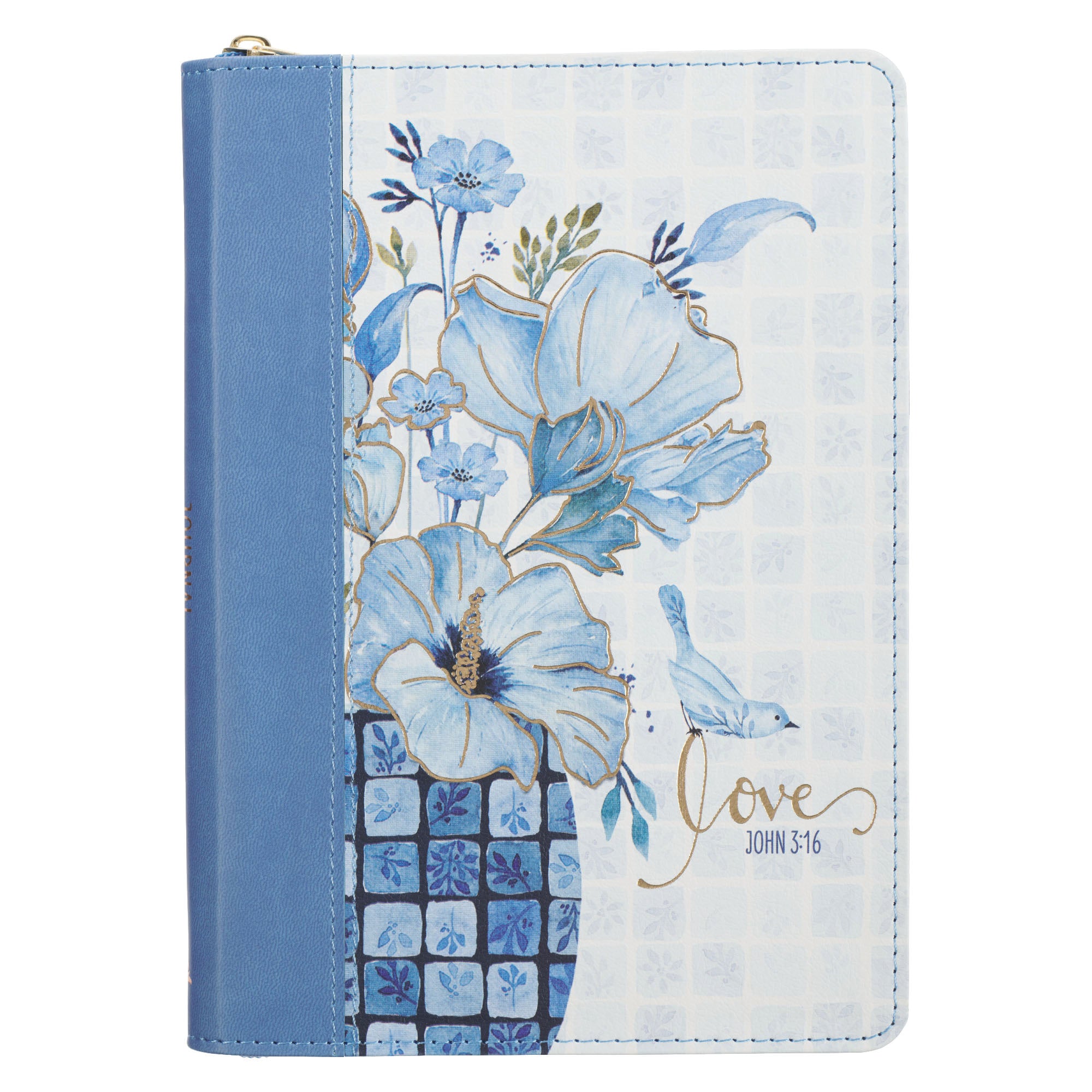 Journal Zippered: Love (John 3:16) Blue (Checkered Floral Collection)