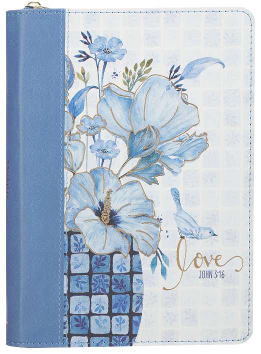 Journal Zippered: Love (John 3:16) Blue (Checkered Floral Collection)