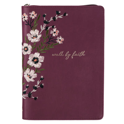Embroidered Journal Zippered: Walk By Faith, Burgundy Floral