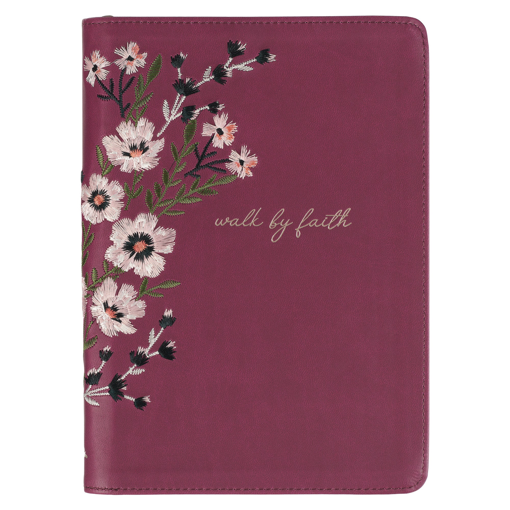 Embroidered Journal Zippered: Walk By Faith, Burgundy Floral