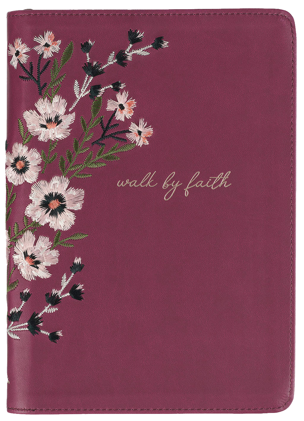 Embroidered Journal Zippered: Walk By Faith, Burgundy Floral