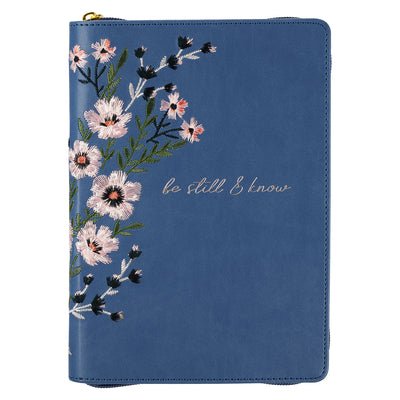 Embroidered Journal Zippered: Be Still & Know, Blue Floral