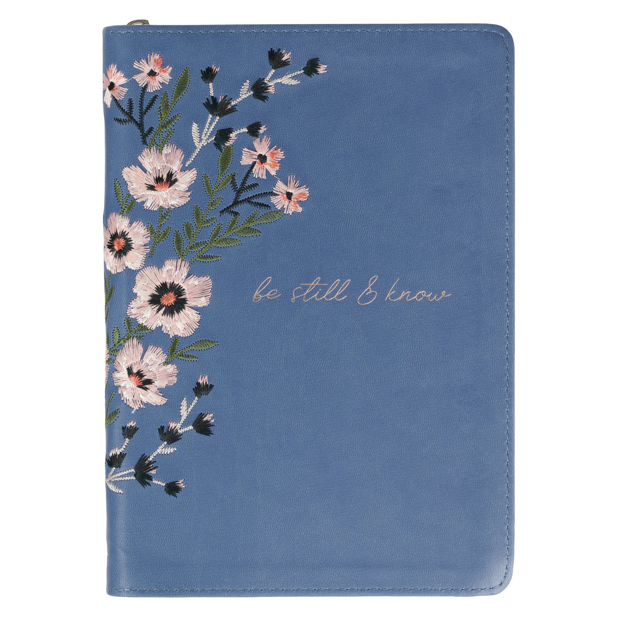Embroidered Journal Zippered: Be Still & Know, Blue Floral