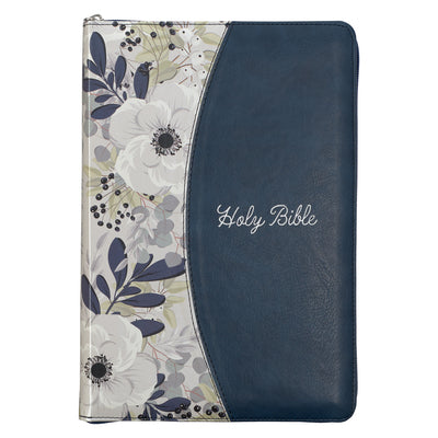 KJV Large Print Thinline Bible Blue/ Floral With Zipper and Thumb Index (Red Letter Edition)