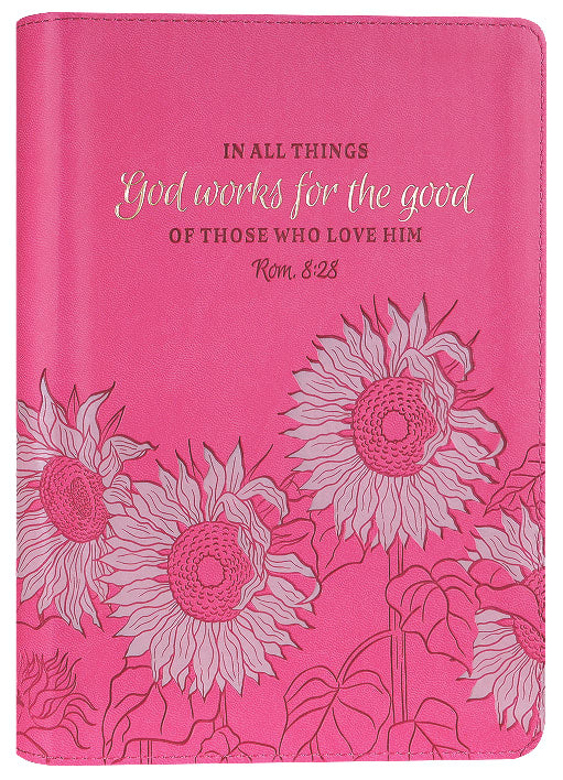 Journal Zippered: God Works For the Good, Bright Pink Sunflowers (Rom. 8:28)