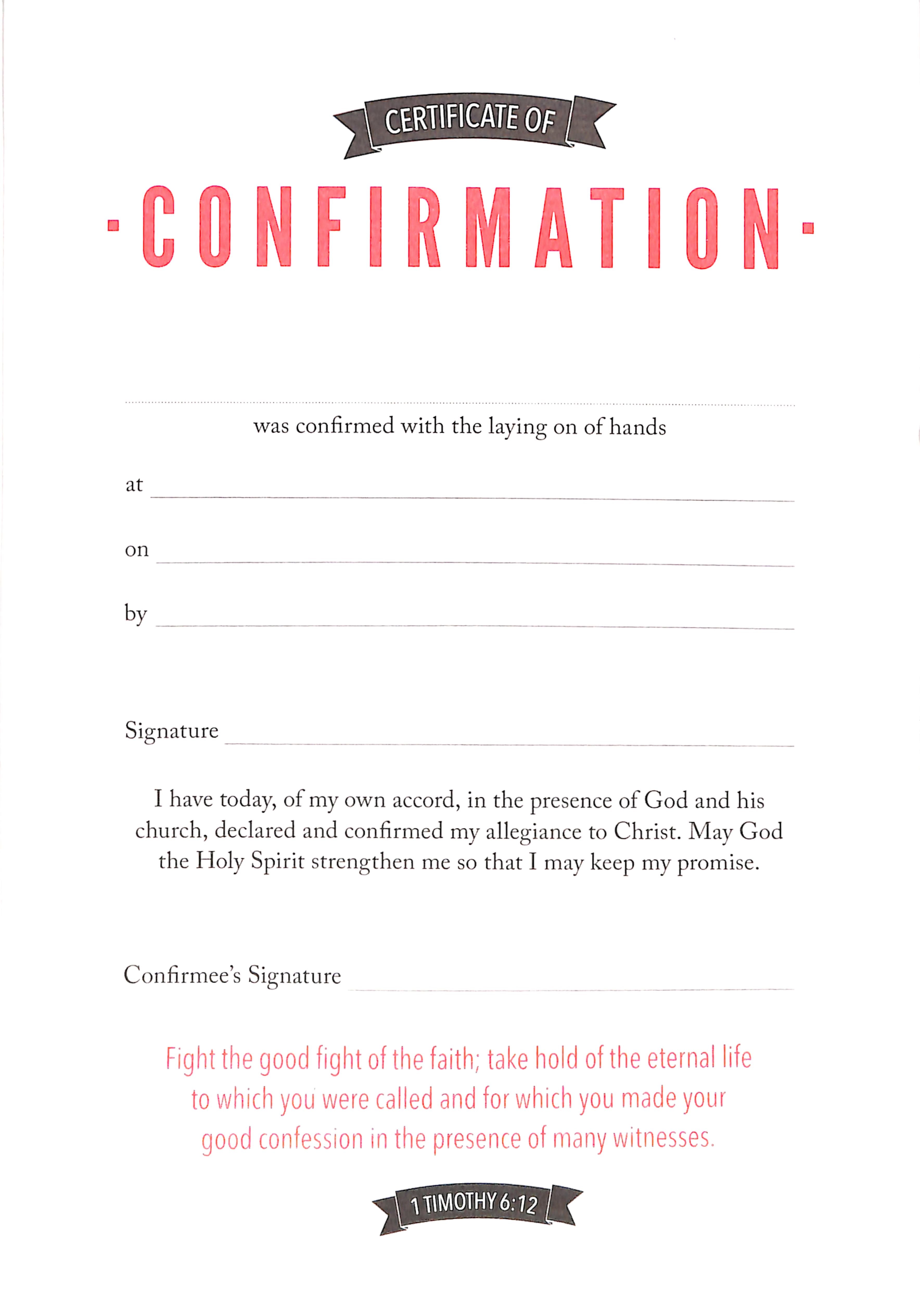 Certificate: Confirmation 1 Timothy 6:12