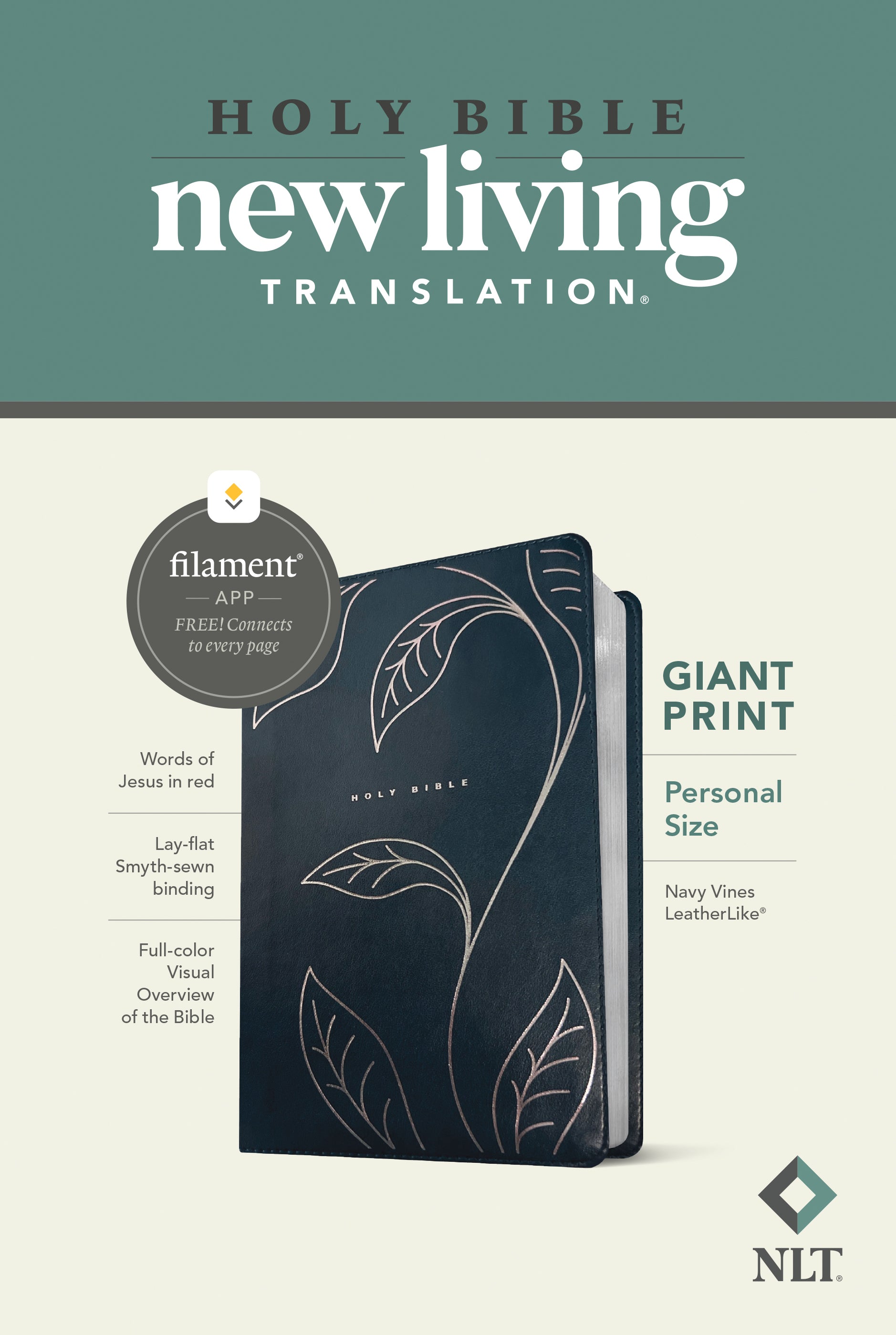 NLT Personal Size Giant Print Bible Filament Enabled Edition Navy Vines (Red Letter Edition)