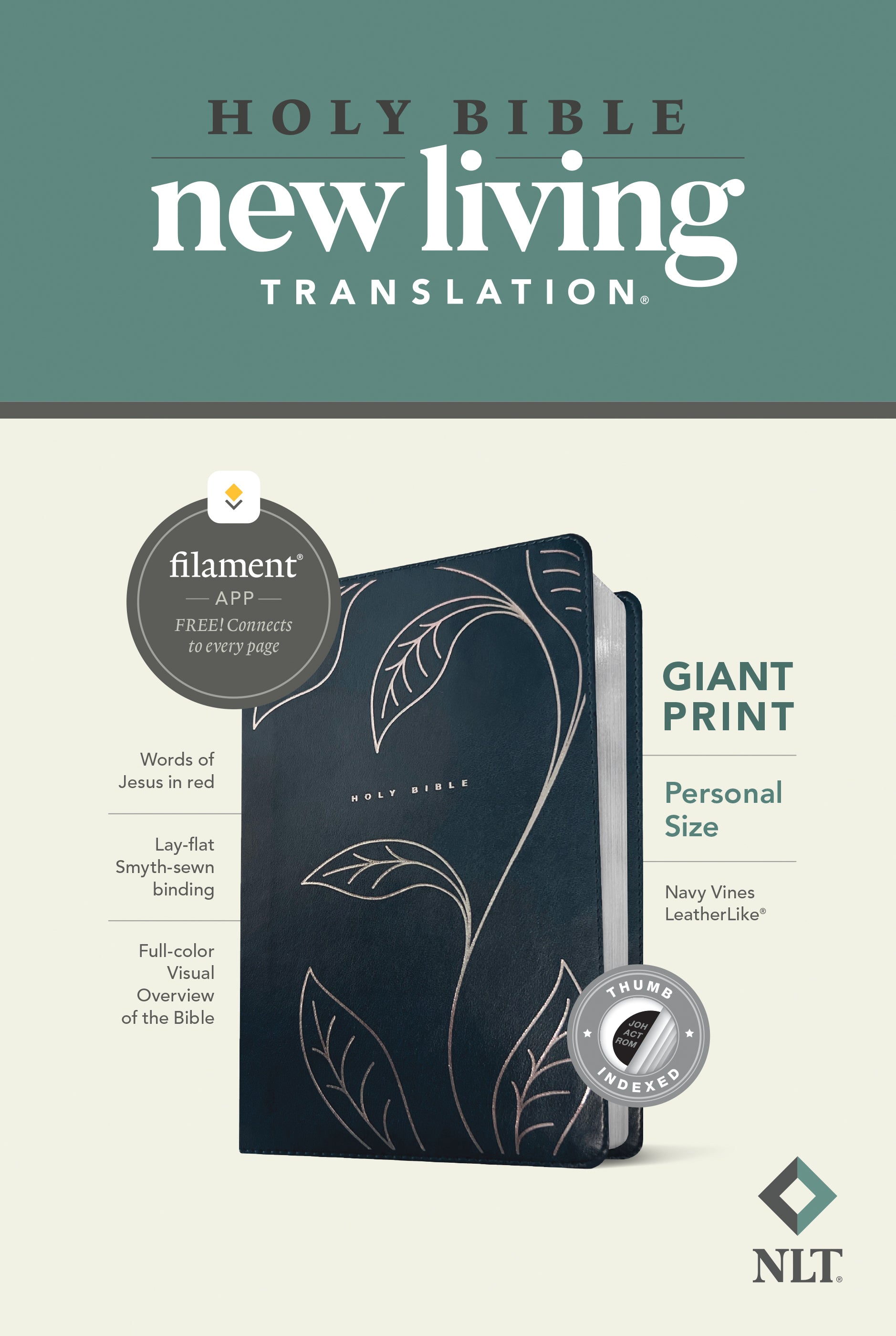 NLT Personal Size Giant Print Bible Filament Enabled Edition Navy Vines Indexed (Red Letter Edition)