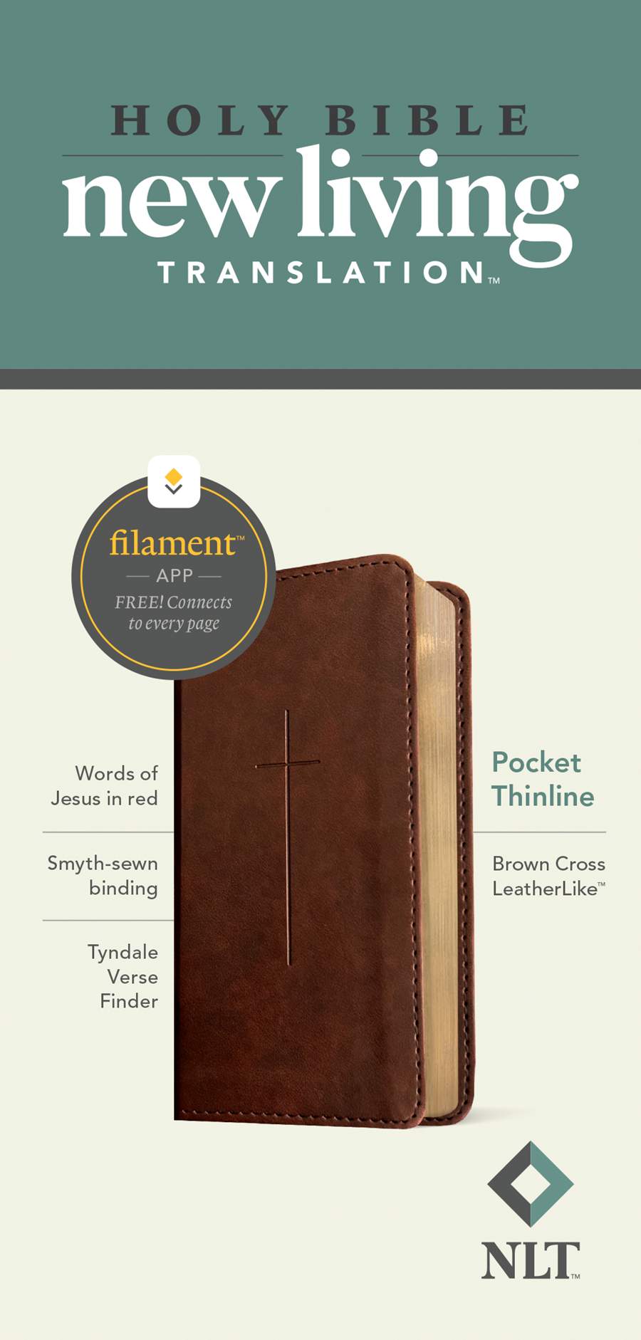 NLT Pocket Thinline Bible Filament Enabled Brown Cross (Red Letter Edition)