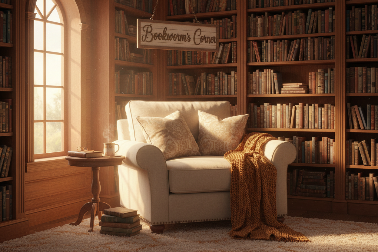 An image that suggests a warm page for booklovers called Bookworm's Corner. 